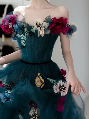 Unique Off The Shoulder Tulle Appliques Long Evening Dress Formal Prom Dress HZ1023